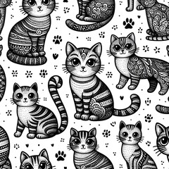 Seamless Pattern of Ornate Cats with Paw Prints and Hearts