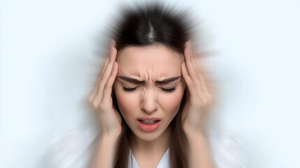 Naklejka premium A young Caucasian woman experiences intense discomfort as she holds her head, illustrating the effects of a headache or stress in a blurred background.