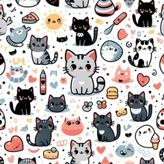 Cute Cat Pattern with Hearts and Stars