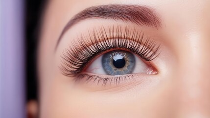 Obraz premium Close-up of a beautiful eye showcasing long, lush eyelashes and striking blue iris, highlighting beauty and elegance.