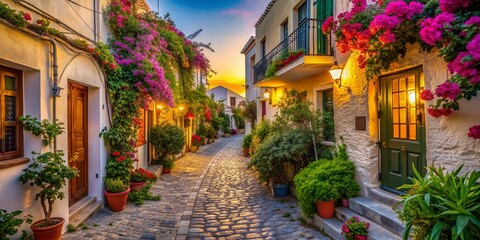 Fototapeta premium Vibrant Greek buildings line cobblestone streets adorned with lush greenery and colorful flowers, basking in warm golden light on a serene summer evening.