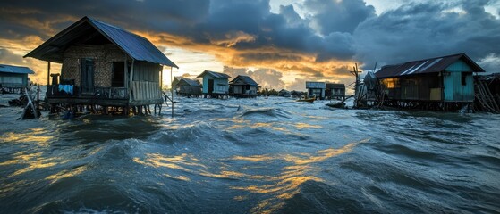 Dramatic Sunset Over Stilt Houses in Flooded Coastal Village with Stormy Skies