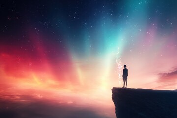 Fototapeta premium Aurora of Contemplation - Surreal Close-Up Manipulation of Person's Thoughts Standing at Cliff Edge with Northern Lights Backdrop