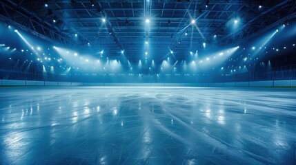 Spotlights shine on an empty ice rink, capturing the calm before the skaters arrive.