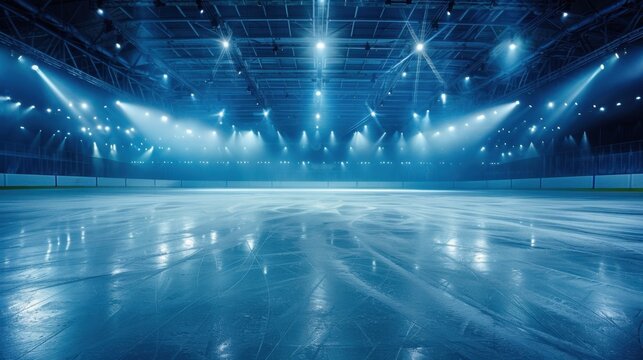 Spotlights shine on an empty ice rink, capturing the calm before the skaters arrive.