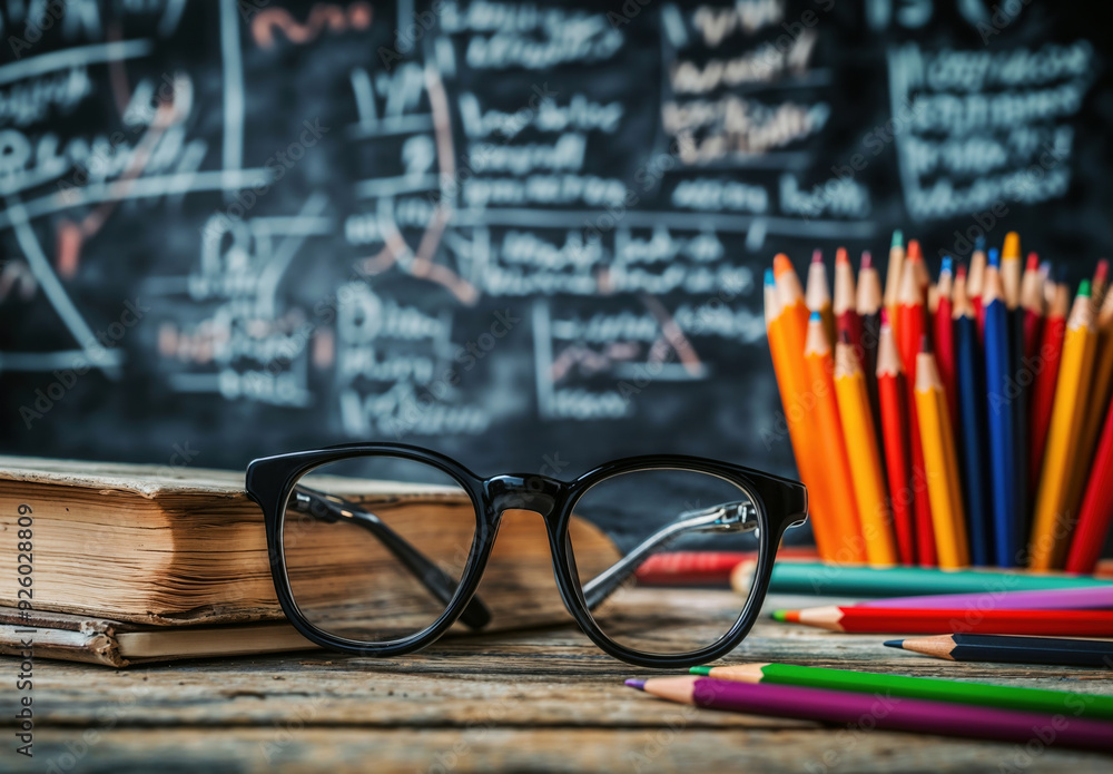 Aufkleber glasses and book on a desk with pencils and a blackboard in the background