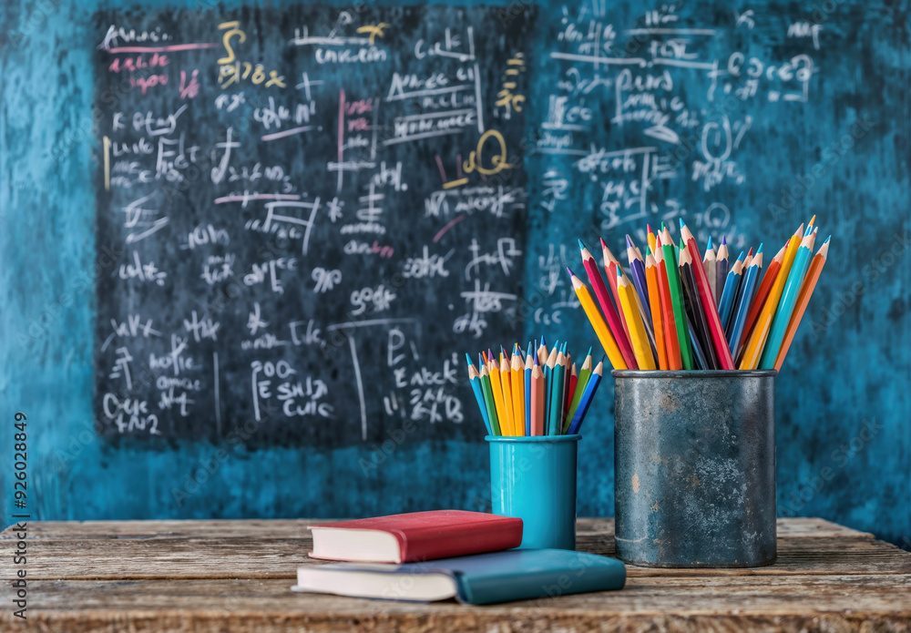 Aufkleber colorful pencils in cans standing on desk with books and blackboard with mathematical formulas in ba