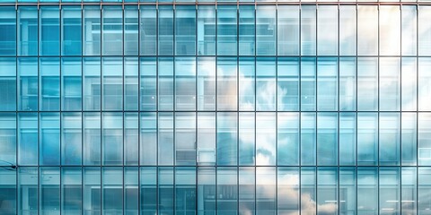Close-up of a modern steel and glass facade reflecting clouds in a contemporary urban setting