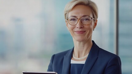 A confident Caucasian woman in her 50s wearing glasses and a business suit, smiling while holding a tablet in a modern office setting.