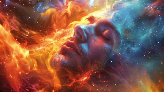 colorful image man closed eyes , thought flight concept , science fiction image , photorealistic high detail image , man meditating sci-fi