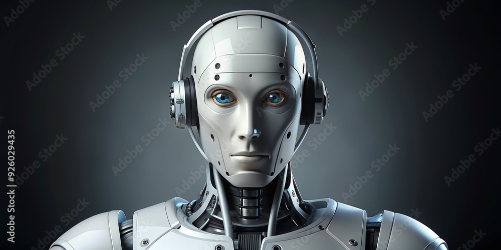 Poster futuristic close-up portrait of a sleek white robot with a humanoid face and metallic features, isol