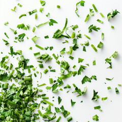 Chopped green herbs scattered on white background,