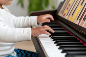 Fototapeta premium A close-up of a child s hands playing a musical instrument, such as a piano or a drum, representing the development of auditory skills and creative expression