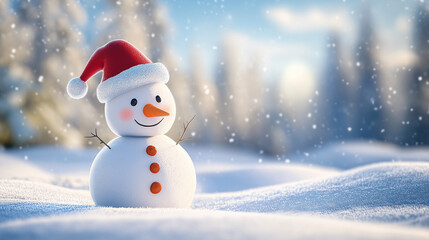Fototapeta premium Festive Snowman in Santa Hat Amid Snowy Winter Wonderland