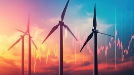 Renewable Energy Wind Turbines at Sunset with Financial Graph Overlay Representing Sustainable Investment