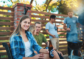 Beer, portrait or relax and girl at party with friends for barbecue, celebration or social gathering. Alcohol, bbq and smile with happy person in backyard of home for drinking or event in summer