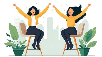 Two joyful women of unspecified ethnicity celebrate with raised arms, wearing matching yellow outfits, sitting on chairs against a light backdrop with plants.