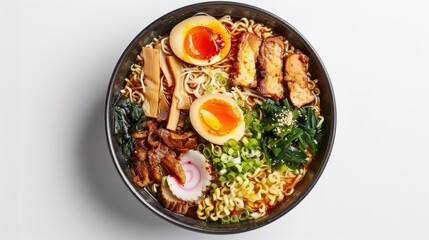 A bowl of ramen with meat and eggs