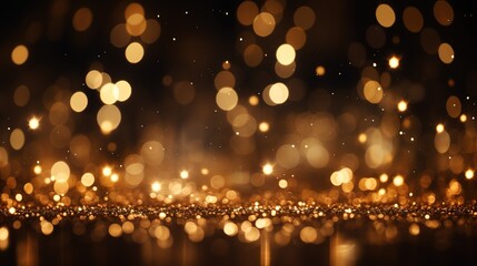 Abstract gold bokeh lights and glitter on black background.