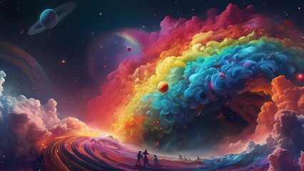 Obraz premium Two individuals in a field under a rainbow cloud.