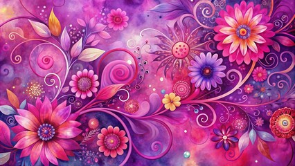 Vibrant abstract watercolor design featuring swirling pink and purple floral patterns on a magenta-hued background, evoking a sense of whimsy and elegance.