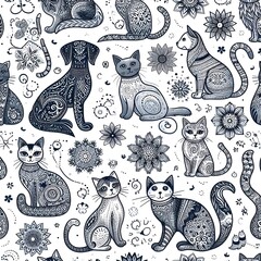 Seamless Pattern with Ornate Cats, Dogs and Floral Elements
