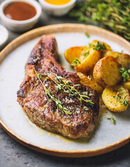 Juicy porterhouse steak with roasted fingerling potatoes and fresh thyme. Delicious food.