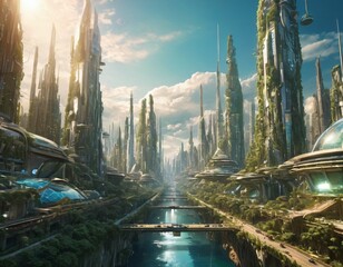 Obraz premium Environmentally sustainable futuristic city illustration. Ai generated image.