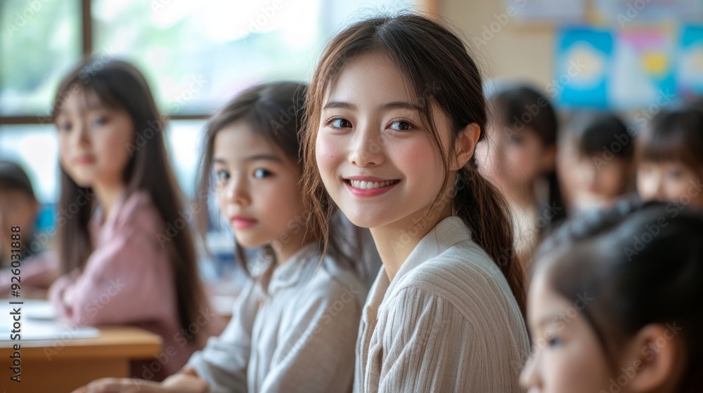 Poster a young girl beams with joy in a bright classroom, surrounded by classmates focused on their studies