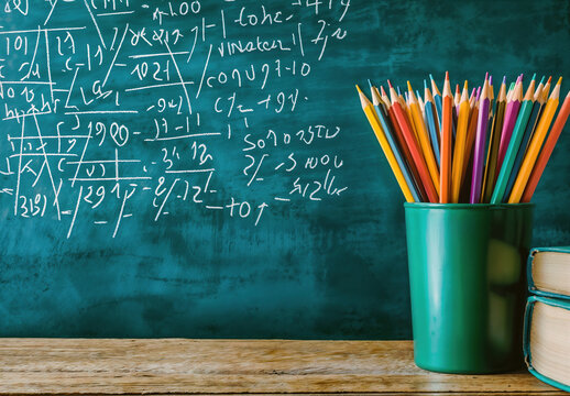Green chalkboard filled with mathematical equations with colored pencils in a cup and books on a wooden desk