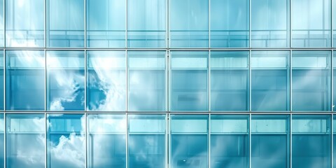 Close-up view of a modern steel and glass facade reflecting clouds in a contemporary architectural design