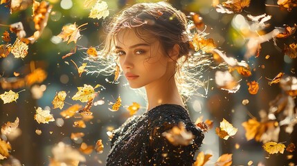 A refined fall fashion shoot with a model standing amidst a shower of colorful leaves, the scene exuding elegance and seasonal charm