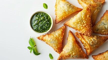 A plate of triangular pastries with a green dip next to them