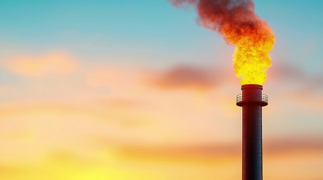 A towering chimney emits vibrant smoke against a colorful sunset sky, symbolizing industrial processes and environmental impact. - Powered by Adobe