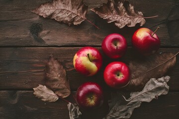 red winter apples and dry leaves on a wooden table