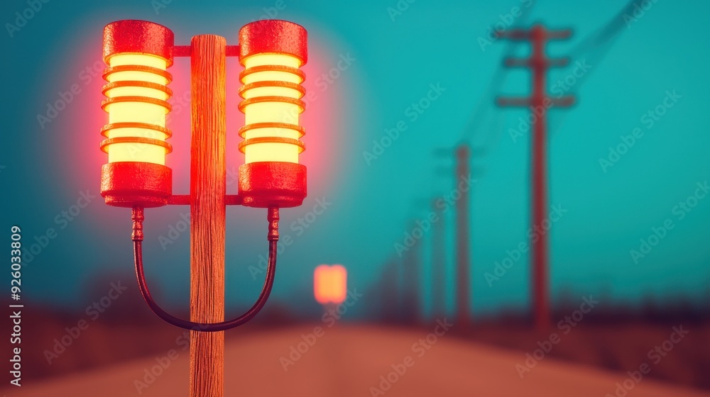 Poster illuminated signal post emits red light along an empty road, creating a dramatic atmosphere under a 