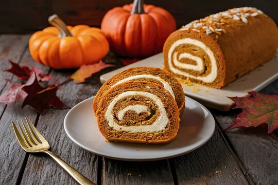 Sliced pumpkin roll cake with whole cake in background