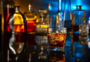 Whiskey is poured from a bottle into a glass with ice.