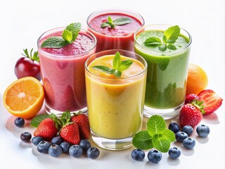 Vibrant and refreshing fruit smoothies in various colors, garnished with fresh fruits and herbs, isolated on a clean white background, perfect for healthy lifestyle promotions.