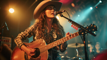Obraz premium Female country singer with a cowboy hat, playing guitar on stage