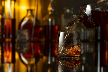 Pouring whiskey from a bottle into a glass.