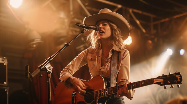 Female country singer with a cowboy hat, playing guitar on stage