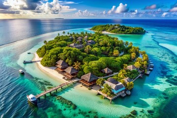 Obraz premium Aerial view of a breathtakingly serene island surrounded by crystal-clear turquoise waters, featuring tiny white-sand beaches and scattered wooden villas amidst lush greenery.