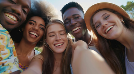 Fototapeta premium Joyful young people taking a selfie outdoors