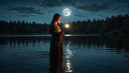 A young sorcerer casts water magic by a mysterious lake, with moonlight shimmering on the water's surface in the background.