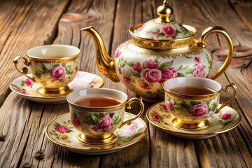 Fototapeta premium Elegant tea set with intricate floral patterns and gold accents adorns a weathered wooden table, evoking a sense of nostalgic intimacy and warmth.