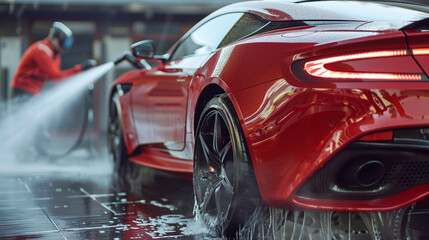 Fototapeta premium Red modern sportscar being meticulously cleaned by a car wash expert