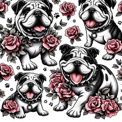 Cute Bulldogs with Roses Pattern