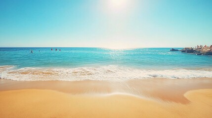 Obraz premium Sunny Beach Escape: Golden sands meet turquoise waters under a vibrant summer sun. A tranquil seascape perfect for relaxation and escape. 