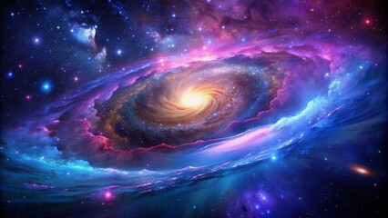 Obraz premium Vibrant, star-studded galaxy swirls in shades of purple, blue and pink, with nebulae and cosmic dust illuminating a mesmerizing, otherworldly space landscape background.